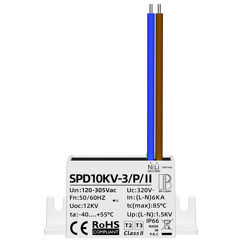 Type 2 & Type 3 2‑wire parallel Class II surge protector, designed for luminaires without an earth wire.