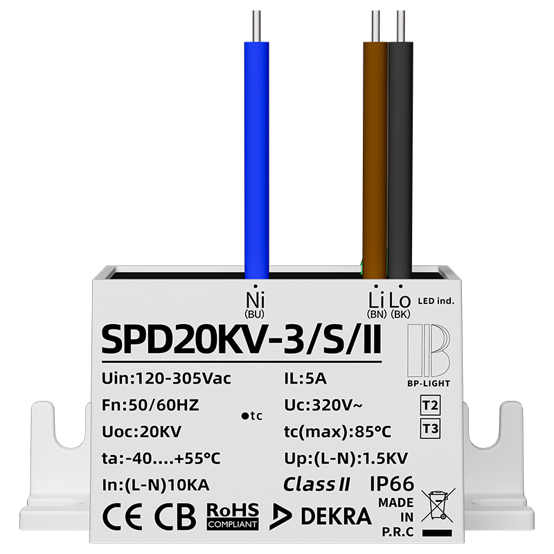 20kV IP67 3‑wire series SPD, Class II+III for LED street luminaires