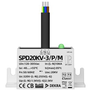 Surge protection device for LED street & garden lights, rubber cable, IP67 waterproof, 3‑wire parallel, 20kV