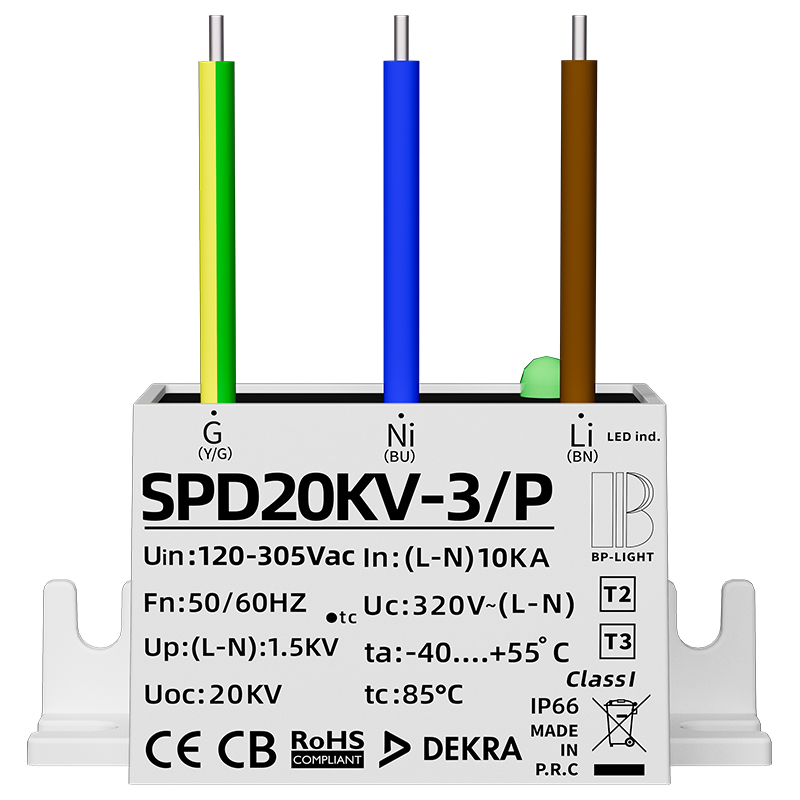 IEC 61643‑11 / EN 61643‑11 Certified 3‑wire Parallel 20kV 6kA Surge Protector for Outdoor LED Street and Garden Lights