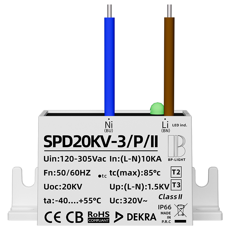 Class II+III 2‑wire parallel SPD Type 2+3, specially designed for luminaires with no earth connection.